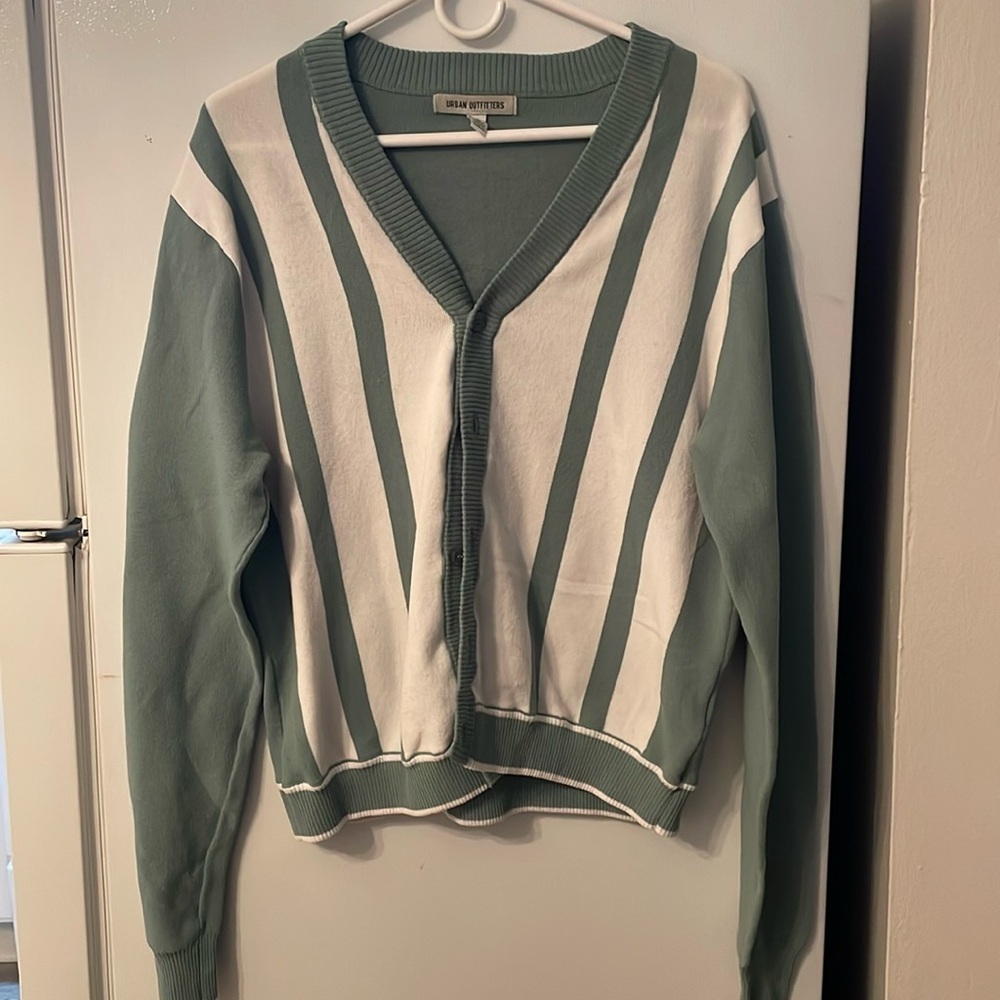 URBAN OUTFITTER MINT/WHITE Stripped Cardigan Sweater UNISEX sized as Men’s M‎